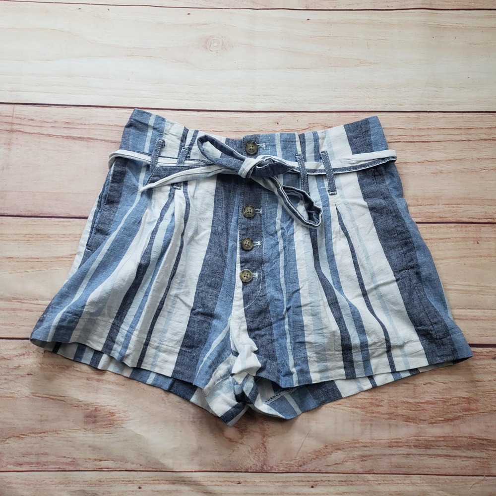 Abercrombie & Fitch Shorts Womens S‎ Blue Paperbag Linen Cotton Striped Pockets